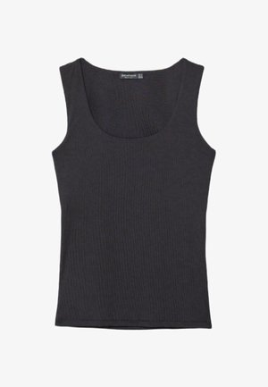 Schwarzes ärmelloses, geripptes Tanktop mit rundem Ausschnitt, geradem Saum und figurbetonter Silhouette.