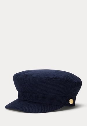 Navy corduroy cap with a flat crown, short brim, and side hardware accent. Features ribbed texture for added detail.