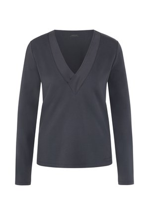 Dunkelgraues Langarmshirt mit tiefem V-Ausschnitt, aus weichem Stoff gefertigt. Es hat eine schlanke Passform und dezente Nahtdetails am Saum.