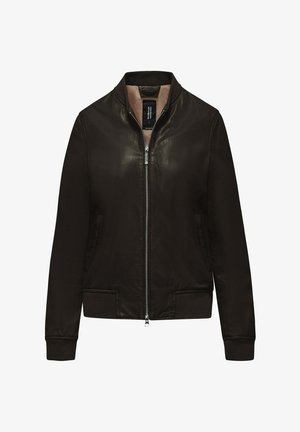 Zwart leren bomberjack met voorrits, geribbelde manchetten en zoom, en een beige binnenvoering.