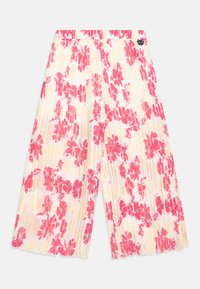 Květinové široké kalhoty ve světle žluté barvě s růžovými květy. Mají sklady a elastický pas pro pohodlí a dobré padnutí.