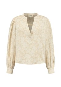 Blusa beige a fiori con scollo a V, maniche lunghe a sbuffo e polsini elastici. Tessuto testurizzato con dettagli intricati su tutta la superficie.