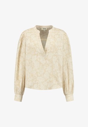 Bež bluza s cvetnim vzorcem, z V-izrezom, dolgimi napihnjenimi rokavi in elastičnimi manžetami. Strukturirana tkanina z zapletenimi detajli.