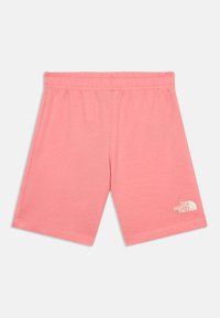 Ροζ σορτς με ελαστική μέση και το λογότυπο "The North Face" σε λευκό στην κάτω αριστερή πλευρά, παρουσιάζονται σε λευκό φόντο.