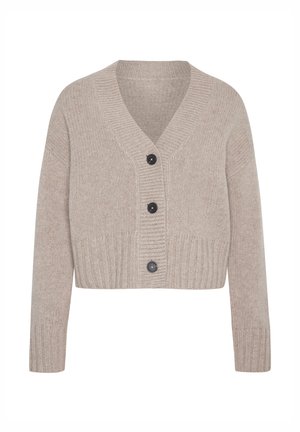 Beige gestrickte Strickjacke mit V-Ausschnitt, verkürzter Länge, geripptem Saum und drei schwarzen Knöpfen auf der Vorderseite. Weiche Textur und lockere Passform.