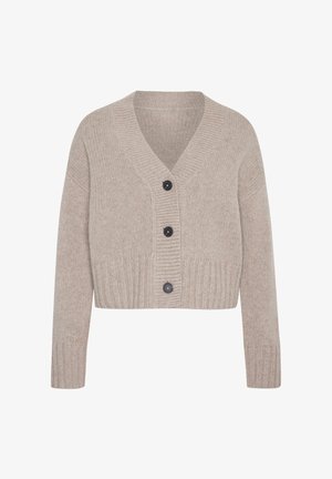 Cardigan beige in maglia con scollo a V, lunghezza corta, orlo a coste e tre bottoni neri sul davanti. Tessuto morbido e vestibilità comoda.