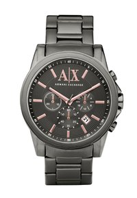 Orologio in acciaio inox nero con cassa rotonda, dettagli rosa, display multi-funzione e funzione data. Quadrante nero testurizzato con motivi circolari.