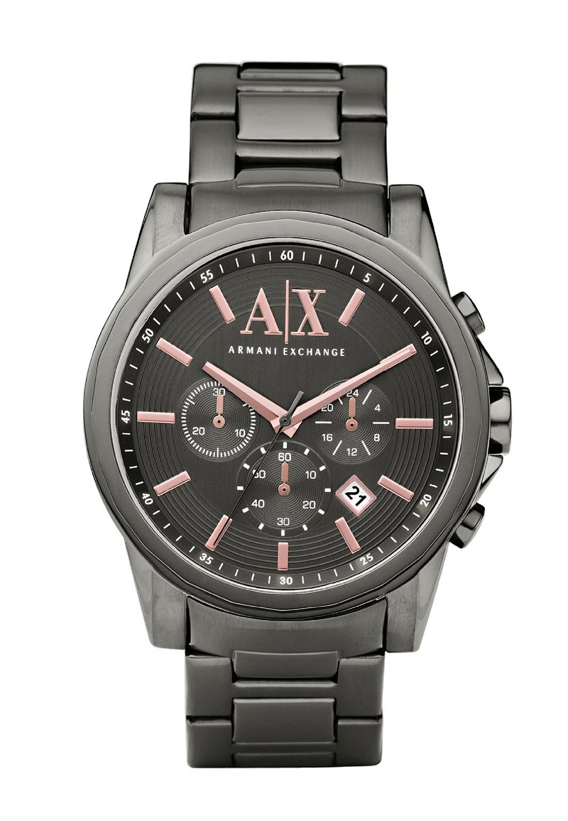 Orologio in acciaio inox nero con cassa rotonda, dettagli rosa, display multi-funzione e funzione data. Quadrante nero testurizzato con motivi circolari.
