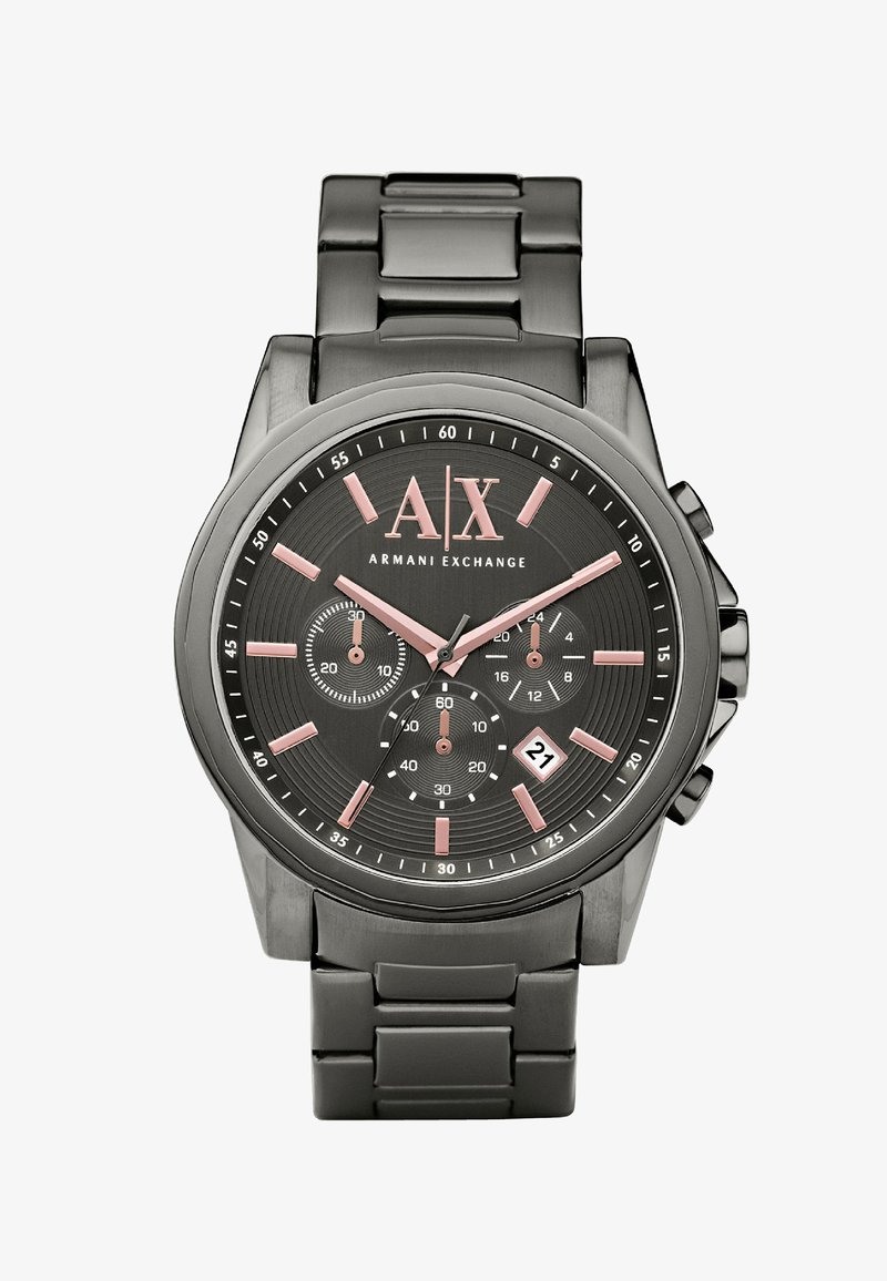 Zwarte roestvrijstalen horloge met een ronde wijzerplaat, roze accenten, multihorlogedisplay en datumfunctie. Textured zwarte wijzerplaat met cirkelvormige patronen.