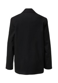 Blazer formale nero visto da dietro con maniche lunghe e colletto a punte su uno sfondo bianco.
