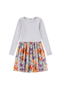 Robe à manches longues avec un haut en jersey violet clair et une jupe à motifs floraux en orange, rose et violet sur un fond gris.