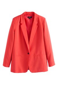 Bright red single-button blazer with notched lapels and front pockets, displayed against a white background.