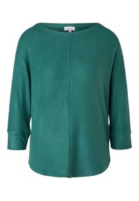 Turquoise lange mouwen trui met een boothals, losse pasvorm en zichtbare centrale naad aan de voorkant.