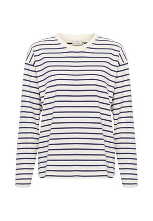 Camicia a maniche lunghe color crema con righe orizzontali blu navy. Tessuto in cotone morbido, scollatura rotonda e vestibilità comoda con orlo dritto.