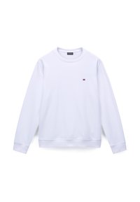 Bluza albă cu guler rotund, mâneci lungi și manșete elastice. Prezintă un mic logo roșu pe piept. Material neted din bumbac.