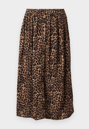 Jupe midi avec imprimé léopard marron et noir, taille froncée et fermeture par boutons sur le devant.