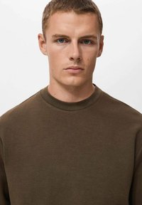 Bruine sweatshirt met een ronde halslijn, een gladde textuur en een relaxte pasvorm. Geen zichtbare logo's of patronen. Eenvoudig, minimalistisch ontwerp.