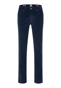 Marineblauwe corduroy broek met een klassieke rechte snit, voorzakken, knoopsluiting en een subtiele ribbeltextuur over de gehele lengte.