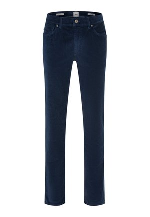 Marineblaue Cordhosen mit klassischem geradem Schnitt, Fronttaschen, Knopfverschluss und subtiler gerippter Textur.