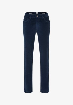 Marineblaue Cordhosen mit klassischem geradem Schnitt, Fronttaschen, Knopfverschluss und subtiler gerippter Textur.