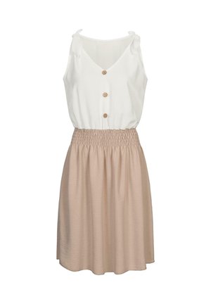 Hihaton mekko, jossa on valkoinen vartalonosa, jossa on kolme nappia, ja beige smocked-hame. Materiaali näyttää kevyeltä ja pehmeältä.