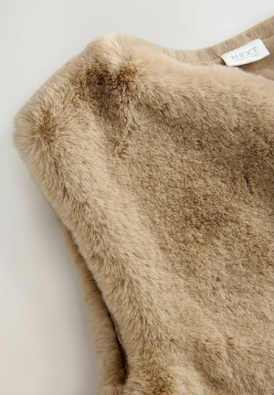 Nahaufnahme eines beigefarbenen, ärmellosen Weste aus Kunstfell mit weicher Textur und sichtbarem NEXT-Label am Kragen.