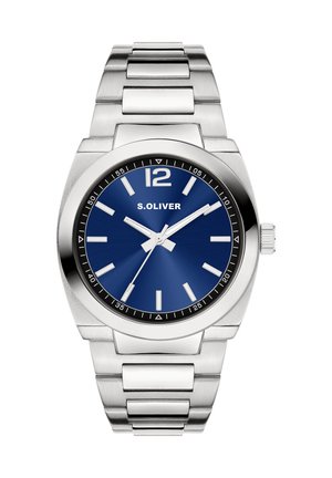 Silver stainless steel watch with a blue dial, white hour markers, and black bezel. Features a link bracelet and a crown at 3 o'clock.