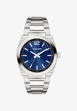 Silver stainless steel watch with a blue dial, white hour markers, and black bezel. Features a link bracelet and a crown at 3 o'clock.