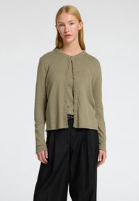 Olivno zelena jopica iz mehkega pletenega materiala, z okroglo izrezom, zapenjanjem na gumbe in nekoliko skrajšanim robom. Usklajena z črnimi hlačami.