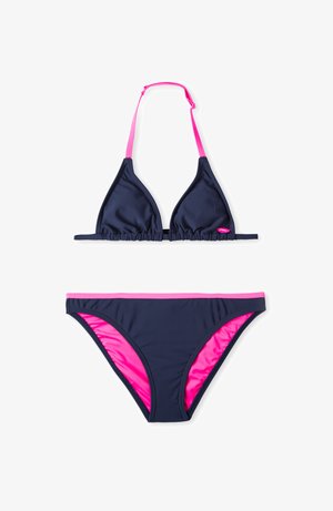 Navy blue bikini set featuring a triangle top with pink straps and ruffled edges, and matching bottoms with pink trim along the waist.
