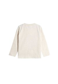 Pitkähihainen, vaalea beige puuvillapaita, jossa on pyöreä kaulus ja suora helma. Kankaassa on pehmeä pinta ja hienovaraisia heather-yksityiskohtia.