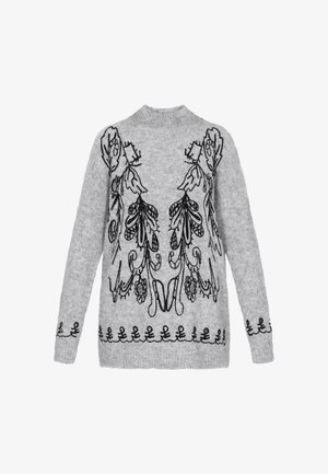 Szary sweter z misternym czarnym haftem kwiatowym wzdłuż pleców i u dołu, z okrągłym dekoltem i długimi rękawami.