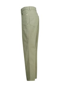 Pantalones de algodón verde claro con corte recto, que cuentan con una cinturilla plana, dos bolsillos traseros y sutiles acentos de costura.