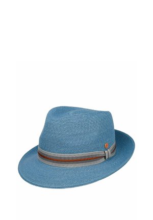 Blue woven fedora hat with a gray and brown striped ribbon band and a small round logo on the side.