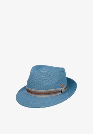 Blue woven fedora hat with a gray and brown striped ribbon band and a small round logo on the side.