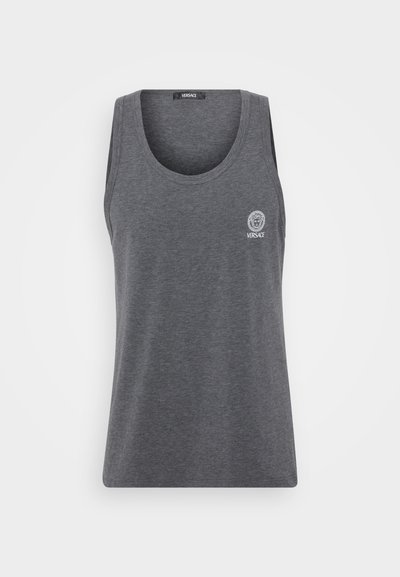 Gray sleeveless tank top made of soft cotton, featuring a round neckline and a Versace logo embroidered on the left chest.