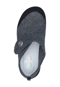 Dark gray felt slipper with black toe trim, adjustable strap with metal button, and white mesh insole labeled "Made in Italy."