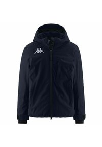 Giacca impermeabile blu navy con cappuccio, chiusura a zip, tasca frontale e dettaglio del logo bianco sul petto. Include polsini elasticizzati.