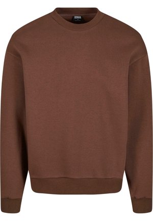 Sudadera de cuello redondo marrón fabricada con un tejido suave, que presenta puños y dobladillo acanalados, con una textura lisa y una silueta clásica.