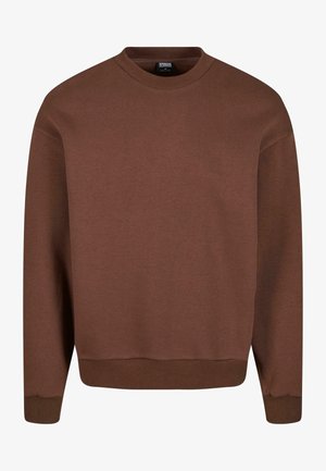 Felpa girocollo marrone realizzata in tessuto morbido, con polsini e orlo a coste, caratterizzata da una texture liscia e una silhouette classica.