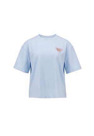 Lyseblå t-shirt med korte ærmer, lille “Switch Pink”-tekst og en tegneserie-sushi-grafik på venstre bryst. Ingen synlig baggrund.