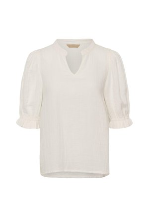 Blouse blanche à manches courtes bouffantes, poignets volantés, texture subtile et petit col en V.