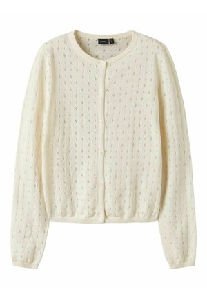 Kremfarvet strikket cardigan med lange ærmer, små knapper foran og subtilt diamantformet hulmønster over det hele.