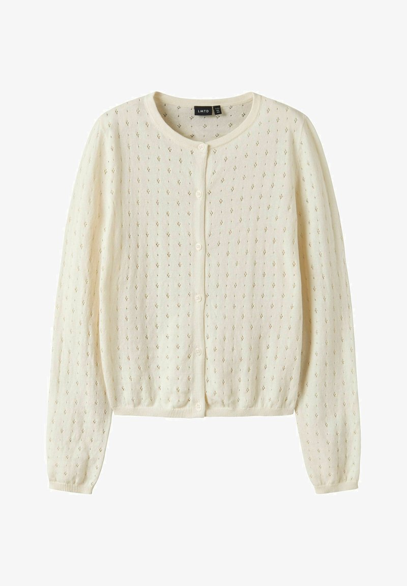 Strickjacke in Cremefarbe mit langen Ärmeln, kleiner durchgehender Knopfleiste und dezentem Rautenmuster mit Augenlöchern durchgehend.