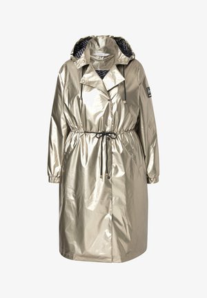 Metallisch silberner Regenmantel mit Kordelzug in der Taille, Kapuze und langen Ärmeln. Verfügt über ein gemustertes Innenfutter und Druckknöpfe. Verstellbare Bündchen.