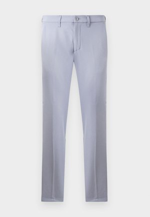 Light gray tailored trousers made of smooth fabric, featuring a button closure, belt loops, and straight-leg design. No pockets visible.