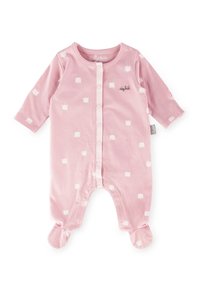 Rosa Baby-Overall aus weicher Baumwolle, mit weißen Kronenmuster, langen Ärmeln, Druckknöpfen und Füßchen-Design. Markenlogo auf der Brust.