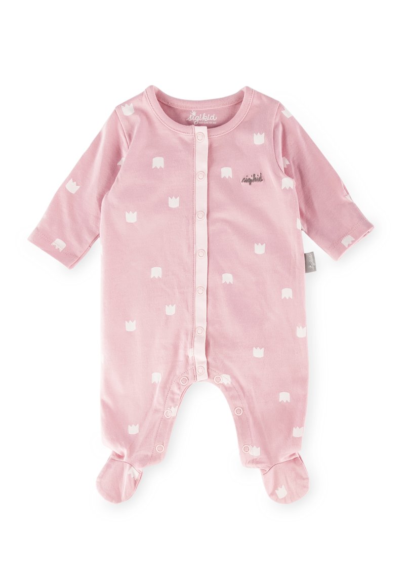 Rosa Baby-Overall aus weicher Baumwolle, mit weißen Kronenmuster, langen Ärmeln, Druckknöpfen und Füßchen-Design. Markenlogo auf der Brust.