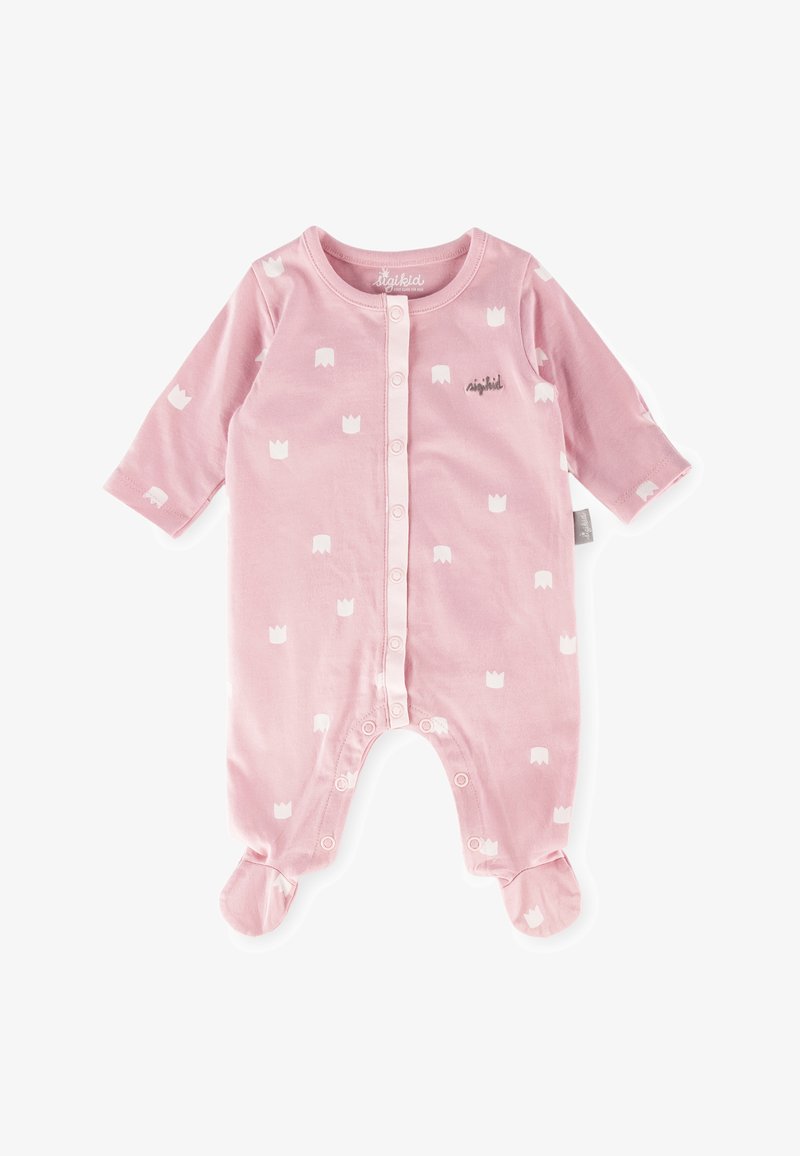 Rosa Baby-Overall aus weicher Baumwolle, mit weißen Kronenmuster, langen Ärmeln, Druckknöpfen und Füßchen-Design. Markenlogo auf der Brust.