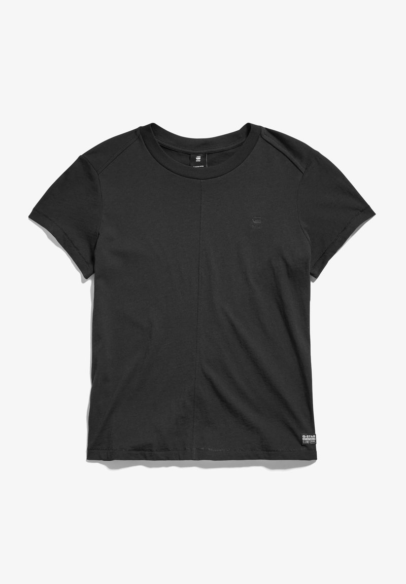 Schwarzes Baumwoll-T-Shirt mit kurzen Ärmeln, Rundhalsausschnitt und einem dezenten Logo auf der Brust. Verfügt über flache Nähte und einen geraden Saum.